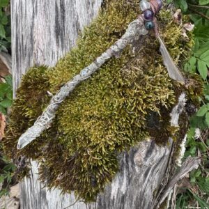 Ritualstab Esche, Bergkristall, Amethyst, Moosachat